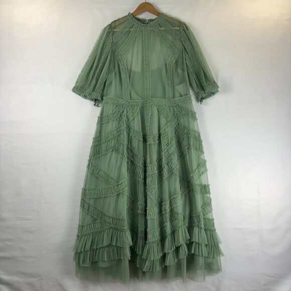 Mac Duggal Dresses & Skirts - Mac Duggal 8058 Green High Neck Micro Ruffle Tiered Midi Dress Jade Sage